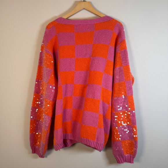 BiBi Checkerboard Sequin Button Up Cardigan Sweater XL V-Neck Chunky Knit - Picture 6 of 6